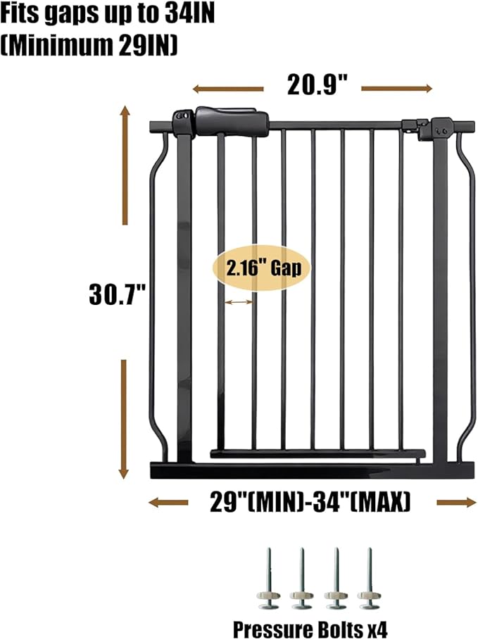 Walk Through Baby & Dog Gate 29-34 Inch, Tension Mounted No Drilling, Indoor Safety Gate for Stairs & Doorways, Metal Design for Kids and Pets, Black