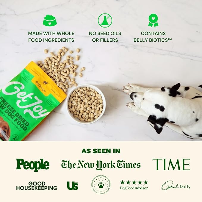 Get Joy Freeze Dried Raw Beef Meal, High Protein Grain Free, Dry Dog Food Meal Mixer and Topper, with Probiotics for Gut Health, Made with 100% USDA Organ Meat, for All Breeds and Ages, 32oz Bag