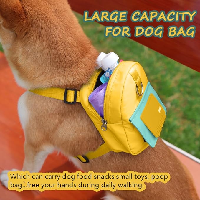 Dog Backpack Harness with Leash,Cute Pet Puppy Backpacks Bulid-in Dog Poop Bag Dispenser,Adjustable Pets Self Carrier Bag for Small Medium Dogs Travel Hiking Daily Walking(M, Yellow)