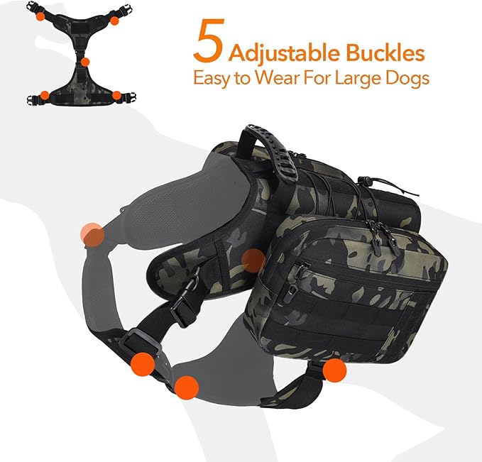 x Jumahe Dog Hiking Backpack for Large/Giant Dogs – 2 Spacious Side Bags, Breathable Waterproof Fabric, Fits Chest 30"-40" (85-120 lbs), 5 Adjustable Buckles, Outdoor Travel Vest, Black