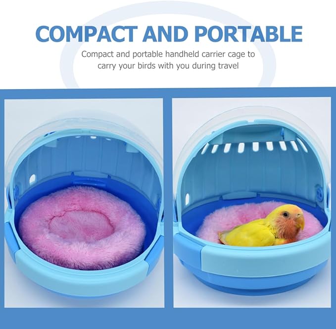 FRCOLOR Handheld Parrot Cage Portable Bird Carrier with Blue Plush Nest Pad Small Travel Cage for Budgerigar Parakeet Pet Birds