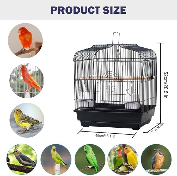 20.5 in Portable Travel Bird Cage with Handle, Metal Parrot Cage with Standing Pole, Food Container and Wooden Perch, Birdcages for Lovebirds Cockatiels Small Parrots Canaries