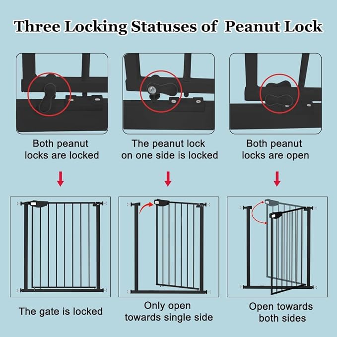 WAOWAO Triple Lock Baby Gate Extra Wide 62.59-67.32" Pressure Mounted Walk Through Swing Auto Close Safety Black Metal Dog Pet Puppy Cat for Stairs,Doorways,Kitchen
