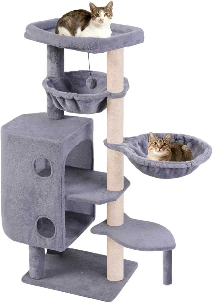 45in Cat Tree Tower with Big Condo for Indoor Cats,Cat Tower with Scratching Post,Scratching Board and Cat Toys,Multi-Level,Small Space,Transformer Cat Tree (Grey+)