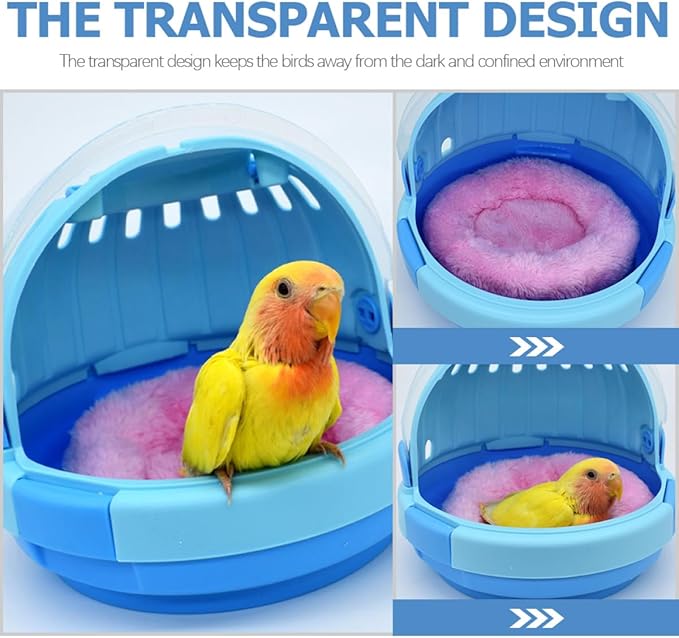BESTonZON Portable Parrot Carrier Cage with Blue Plush Nest Pad, Handheld Small Birds Travel Cage for Small Parrots and Parakeets, Outdoor Warm Space Capsule Bird Carrier
