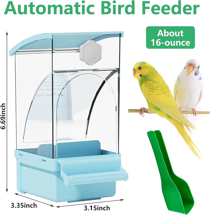 Hamiledyi 2Pcs Automatic Birds Feeder No Mess Bird Cage Feeder Transparent Acrylic Parrot Seed Food Container with Perch Bird Cage Accessories for Parakeet Finch Lovebirds Budgies Canary (Blue)