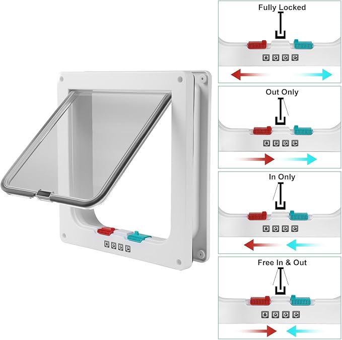 Cat Door- 4-Way Locking Option, Weatherproof & Secure Cat Flap with Easy Installation Kit for Interior/Exterior Doors and Walls (L)