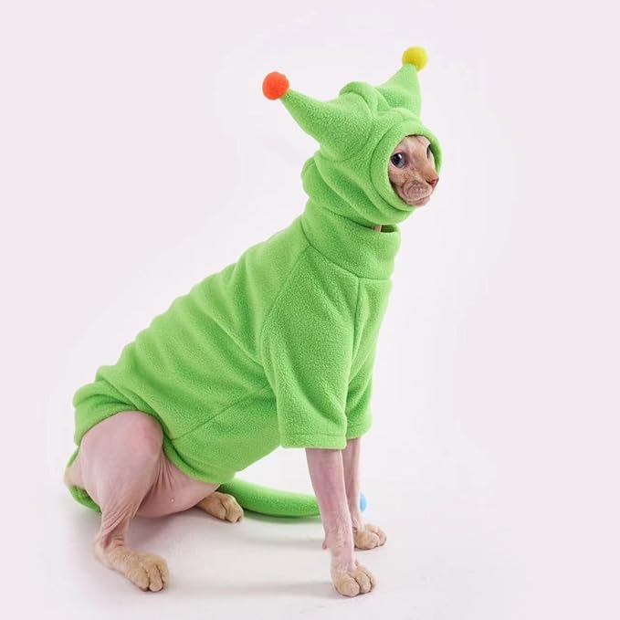 Sphynx Cat Clothes, Warm Cat Jumpsuit with Hat and Tail Cover, Full Set for Hairless Cats, Cornish Rex and Devon Rex (Green, M(4.5-5.5lbs))