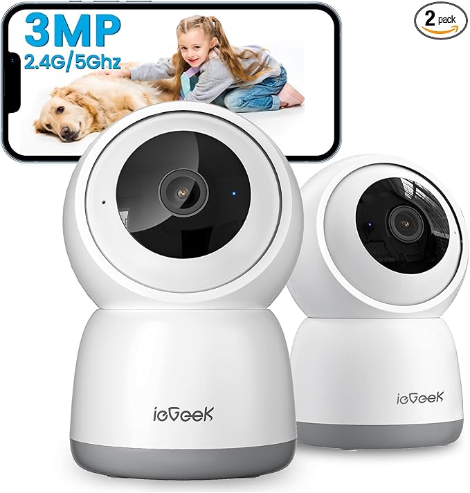 ieGeek Indoor Camera, 2K Cameras for Home Security, 5G Security Camera Indoor, 360° Pet/Dog/Baby Camera with Phone App, AI Tracking, 2-Way Audio, Night Vision, 24/7 SD Card Storage, Alexa (2 Pack)