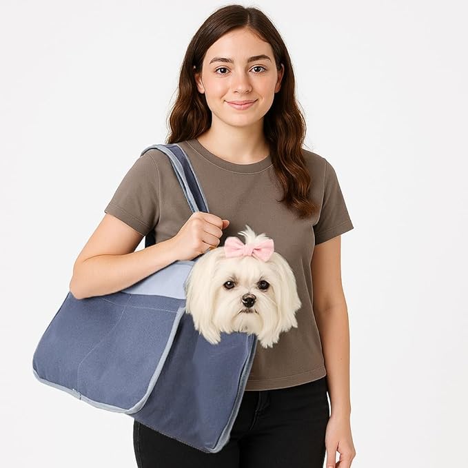 Dog Cat Purse Carrier for Small Pets, Dog Carrier with Secure Harness Clip, Zipper Closure Small Dog Cat Bag Carrier for Pets-Blue, Up to 15 Lbs