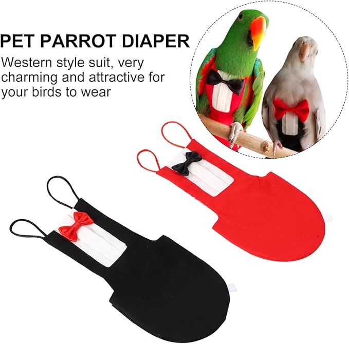Alasum Reusable Washable Parrot Diaper Flight Suit with Bowtie Black and Red Bird Nappy Outfit for Budgie Cockatiel Conure Travel Home Decor (2Pcs XL)