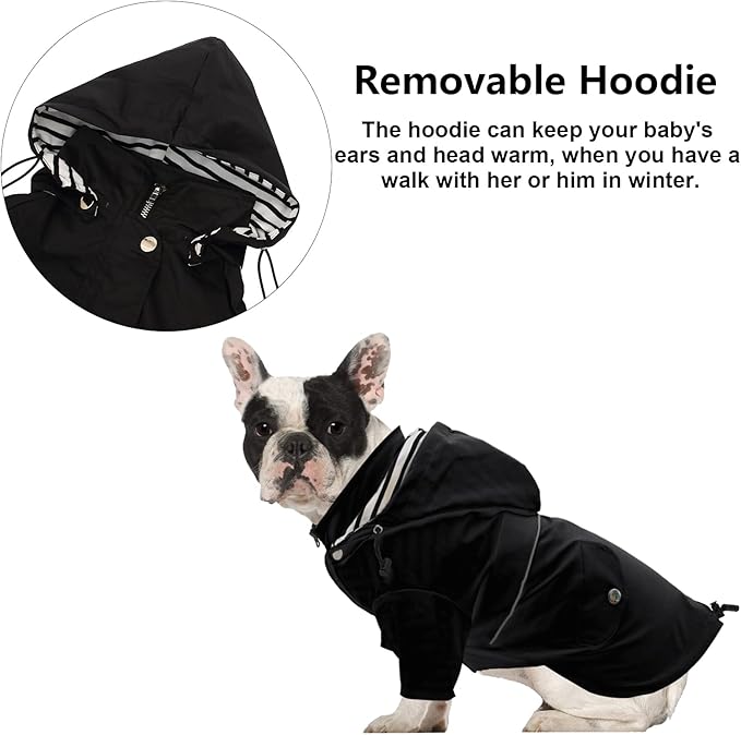 Morezi Dog Zip Up Raincoat with Reflective Buttons, Rain/Water Resistant, Adjustable Drawstring, Removable Hood, Raincoats with Legs 8lbs to 80lbs Available - Black - XL