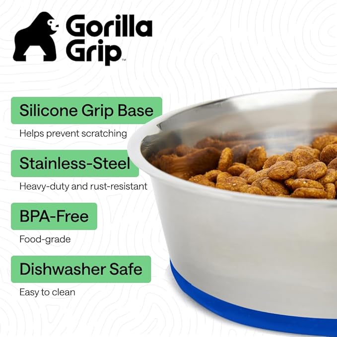 GORILLA GRIP Dog Bowls, Heavy Duty 304 Stainless Steel, Holds 2 Cups Each (16 fl oz) Food and Water Bowl for Feeding Dogs and Cats, Dishwasher Safe, Rust Resistant, BPA Free Rubber Base Set of 2 Blue