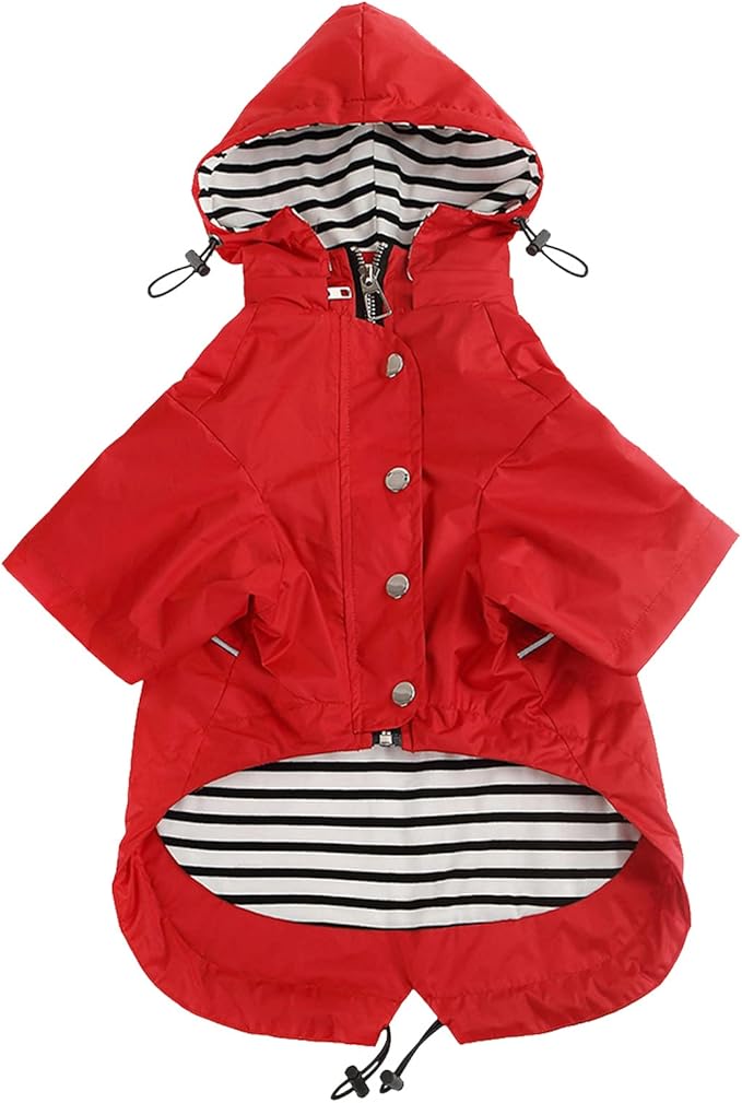 Dog Zip Up Raincoat with Reflective, Rain/Water Resistant, Adjustable Drawstring, Removable Hood, Raincoats with Legs 8lbs to 80lbs Available - Red - Small