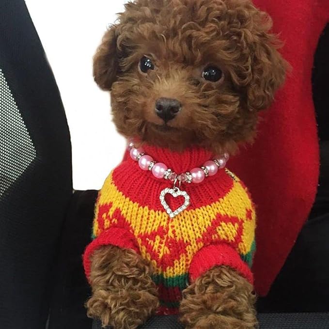 Dog Pearls Collars Crystal Heart Dog Cat Collar, Pet Bling Love Charm Pendant Necklace for Cats Small Dogs Birthday Party Accessories(M,Fuchsia)