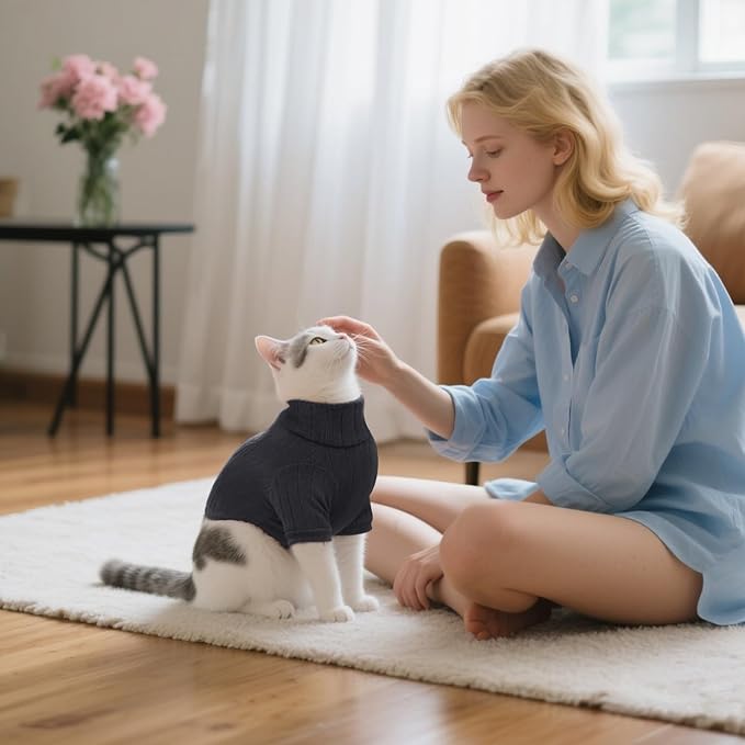 Idepet Sphynx Hairless Cats Sweater Shirt Kitten Soft Puppy Clothes Pullover Cute Cat Pajamas Jumpsuit Cotton Apparel Pet Winter Turtleneck for Cats and Teacup Chihuahua Small Dogs(Black,XXL)