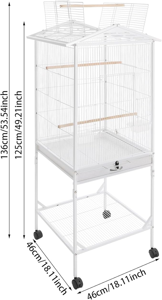 Large Modern Bird Cage 46" for Parrots,Iron Birdcage with Rolling Lockable Wheels & Storage Shelf,Open Top Design & Feeding Doors for Cockatiels Parakeets (White)