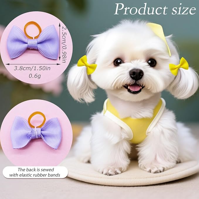 100Pcs(60 Colors) Pure Color Dog Bows with Rubber Bands Small Handmade Topknot Hair Bows for Doggie Puppy Cat Bunny Yorkie Pet Hair Grooming Accessories