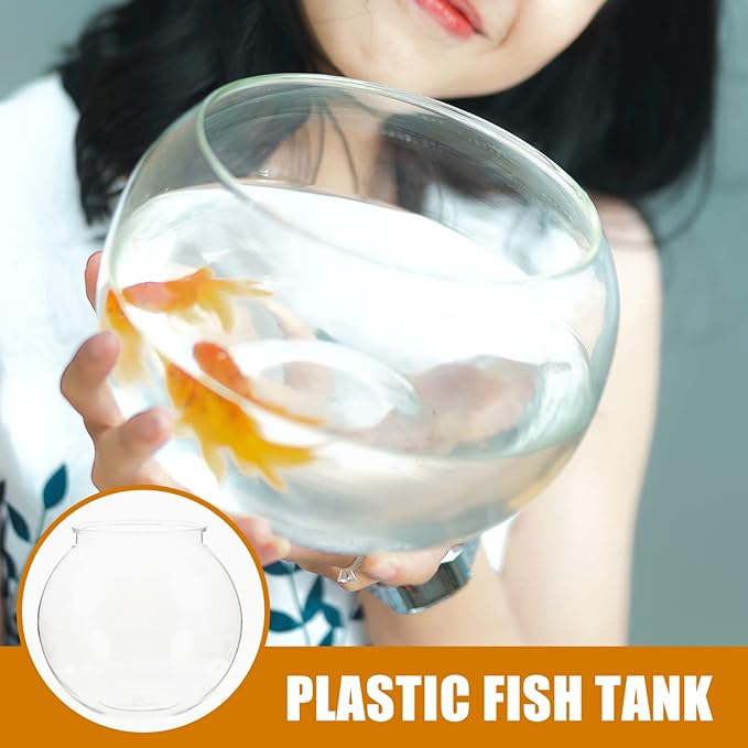 POPETPOP Plastic Fish Bowl Small Fish Tank: Transparent Small Aquarium Fish Bowls for Centerpieces Round Plastic Fish Bowl for Betta Fish Candy Party Favors, 7.07X7.07X6.29in