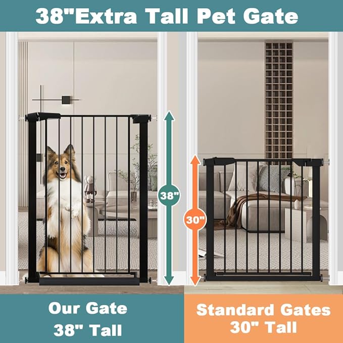 Fairy Baby 38" Extra Tall Baby Gate No Drill, 29.5"-32.2" Extra Wide Wide Dog Gate Indoor, Metal Pressure Mounted Safety Child Kid Gate, Auto Close Pet Puppy Cat Proof Gate for Stairs Doorway, Black