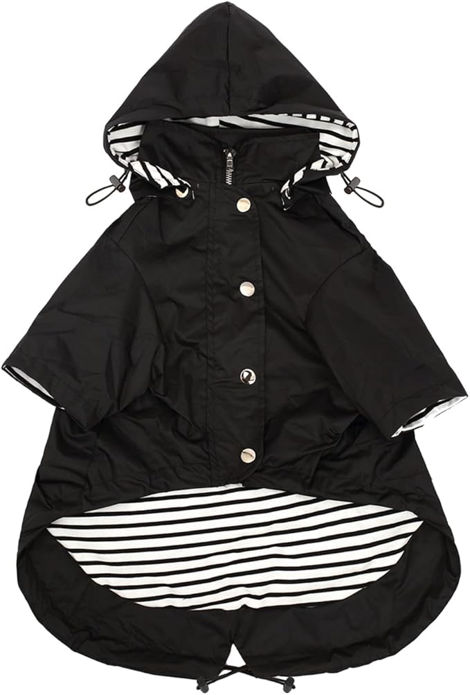 Morezi Dog Zip Up Raincoat with Reflective Buttons, Rain/Water Resistant, Adjustable Drawstring, Removable Hood, Raincoats with Legs 8lbs to 80lbs Available - Black - L
