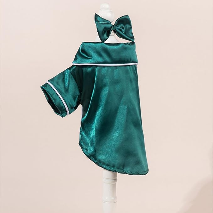 Cat Puppy Costume Elegant Satin Pajamas with Bow Headband 2PCs Set Pet Sleepwear Cute Pet Outfit Cosplay Partywear Photoshoots (Green Set,Medium)