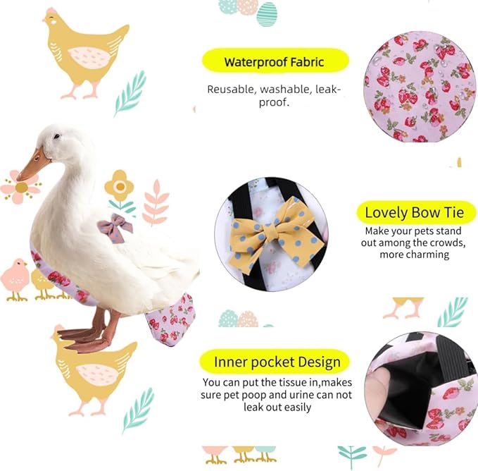 MANON ROSA Chicken Diapers Bantam Hens - Reusable 3-Piece Set with Bow Ties Poultry Nappies Washable Waterproof for Geese Pet Ducks Silkie (Polka Dot Small)