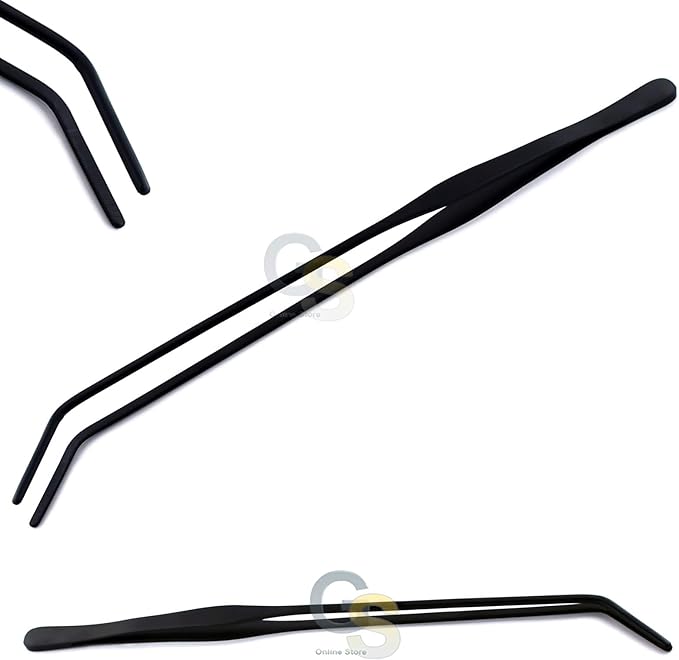 12 Inch Black Curved Aquarium Tweezers Stainless Steel Curved Tweezer with Carbonation Protection Coating Against Rust Long Reptiles Feeding Tongs for Aquatic Plants Lizards Spider Snakes