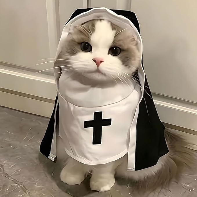 Cat Costume Nun Dress, Nun Dog Costume, Funny Halloween Cloak Outfit for Cat Small Medium Dogs, Cosplay Apparel for Photoshoots Parties Social Media, Adorable Pet Clothing (Black, Medium)