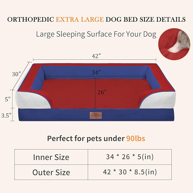 Comfort Expression Orthopedic Dog Bed for Extra Large Dogs 42x30 Inch, Waterproof Egg Crate Foam XL Pet Bed with Removable Bolsters, Dog Couch with Washable Cover & Non-Slip Bottom, Primary Tri-Color