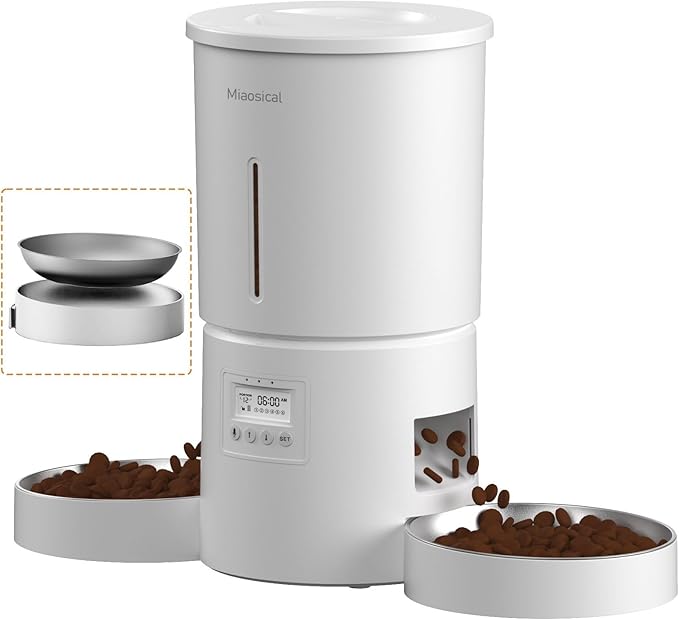 Automatic Cat Feeder for 2 Cats,6 Meals/Day,12 Portions/Meal,Dual Power Double Bowls,Dry Pet Food Autofeeder,10S Voice Record,Flexible Programmable Schedule Timer(White,Stainless Dual Bowls)