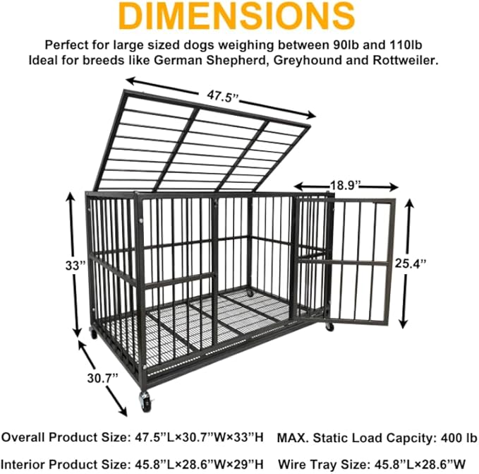 48 inch Heavy Duty Indestructible and Escape-Proof Dog Crate Cage Kennel for Large Dogs, High Anxiety Dog Crate with Removable Wire Trays and Wheels, Extra Large XL XXL