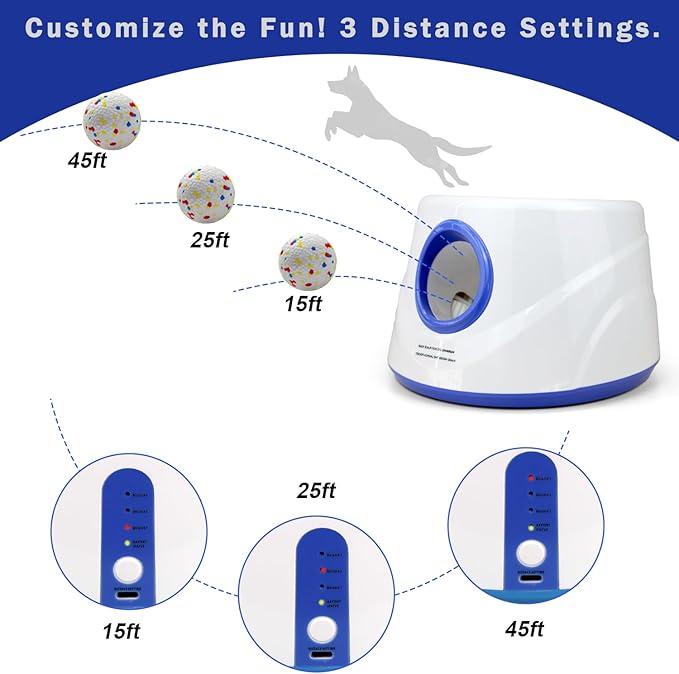 Automatic Dog Ball Launcher with 6 Balls, 3 Adjustable Distance Settings 15-45FT, Interactive Fetch Toy for Small and Medium Dogs, Indoor and Outdoor Use