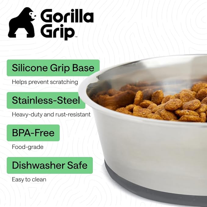 GORILLA GRIP Dog Bowls, Holds 4 Cups Each (32 fl oz), Heavy Duty Stainless Steel Food and Water Bowl for Feeding Dogs and Cats, Dishwasher Safe, Rust Resistant, BPA Free Rubber Base, Set of 2 Gray