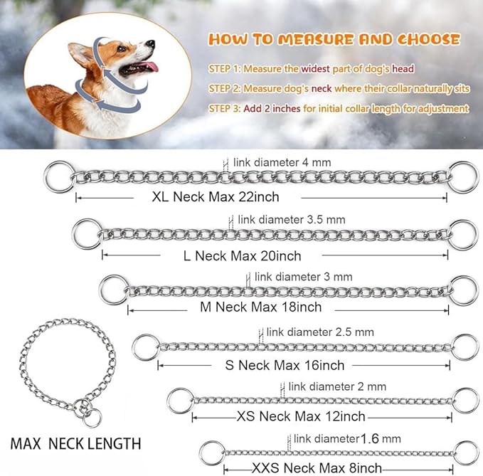 Chain Choke Collar for Dogs, Metal Slip Link Training Heavy Duty Dog Collar Martingale Puppy Collars for XXS XS Small Medium Large Big XL Breed Dogs (Gold, XL(Neck Max 22inch) D4.0mm)
