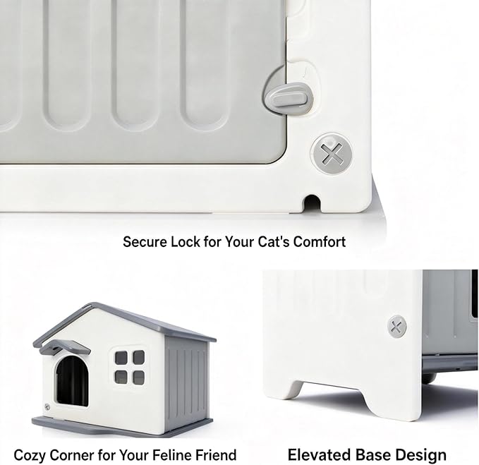 Insulated Outdoor Cat House Weatherproof for Feral Multi Cat, 2 Story Plastic Elevated Cat Shelter with Escape Door, Scratching Post, Stainless Steel Bowl, Grey 35" D x 15" W x 20" H