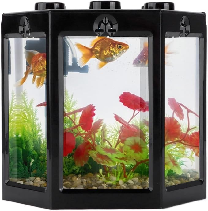 Small Fish Tank, 12x10. 5x11cm Hex Shape Superimposable Goldfish Tank Mini Fish Tank Small Aquarium Kit with Rounded Corner Design for Home Office