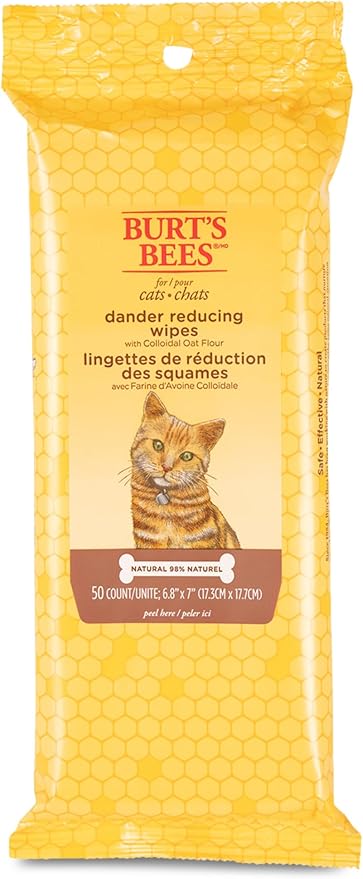 Burt's Bees for Pets Cat Dander Remover Wipes, Unscented Soft Grooming Cloths with Colloidal Oat Flour + Aloe, Helps Reduce Flaking Between Baths for Cats & Kittens, 50 Count