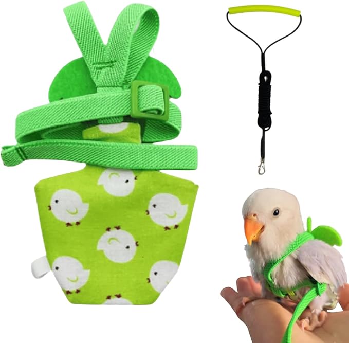 Adjustable Bird Diaper Harness Flight Suit Clothes with 80 Inch Flying Leash Rope for Parrots Conure Cockatiel (Green,2XL)