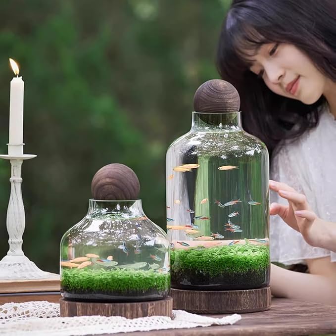 Glass Aquarium with Wooden Base, Microecosphere Fish Tank, Transparent Bottle-Shaped Batta Fish Bowel, Micro-Landscape Ecological Aquarium, Modern Glass Goldfish Tank,M