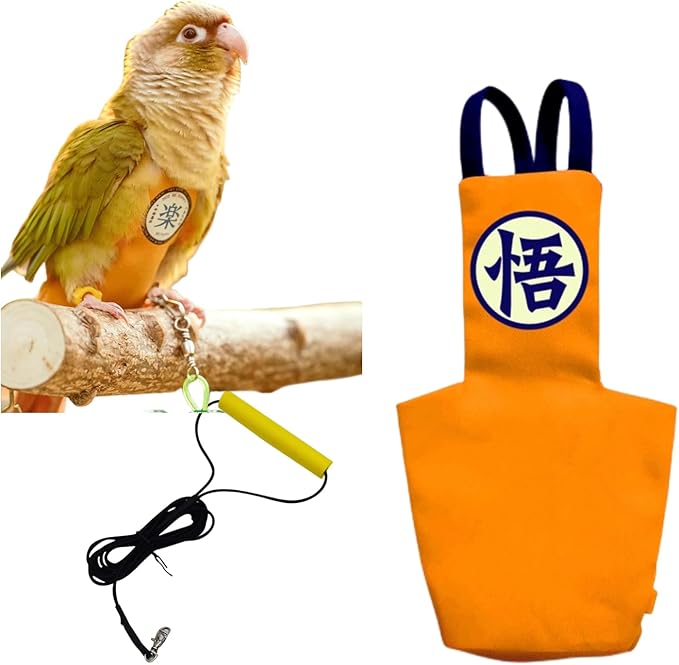 MANON ROSA Bird Diapers Leash Set Washable Reusable Handmade Flight Suit Waterproof Inner Layer - Protective Parrot Nappy Clothes Parakeets Macaws Budgies Canaries (Orange1,Caique)