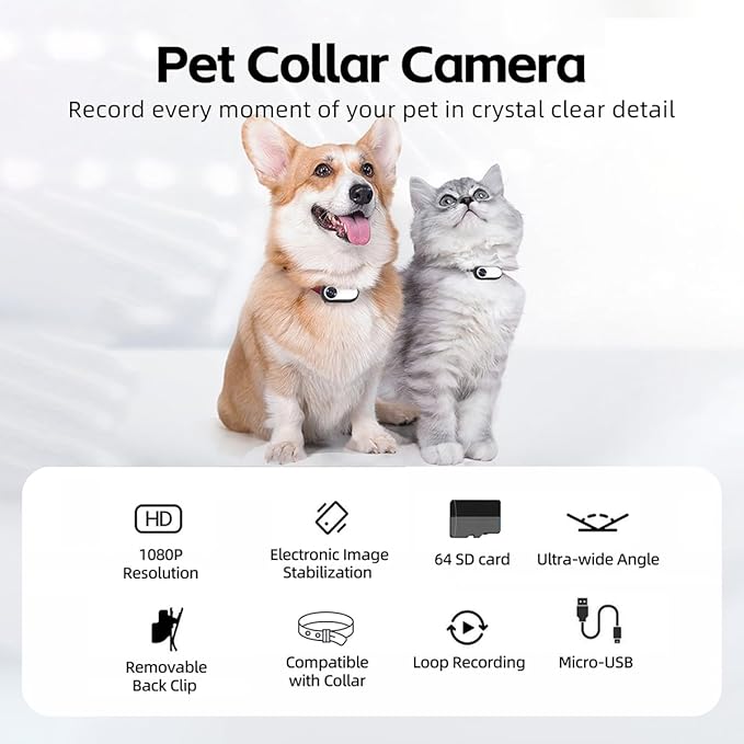 MANON ROSA Pet Collar Camera, Mini Action Camera with 64G SDCard, HD1080P Wireless Dog Cat Collar Camera for Video Records Tracker Monitor, Supports USB& OTG Connection (Black)