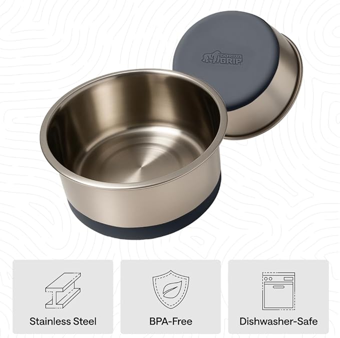 GORILLA GRIP Dog Bowls, Holds 1 Cup Each (8 fl oz), Heavy Duty Stainless Steel Food and Water Bowl for Feeding Dogs and Cats, Dishwasher Safe, Rust Resistant Metal, BPA Free Rubber Base, Set of 2 Gray