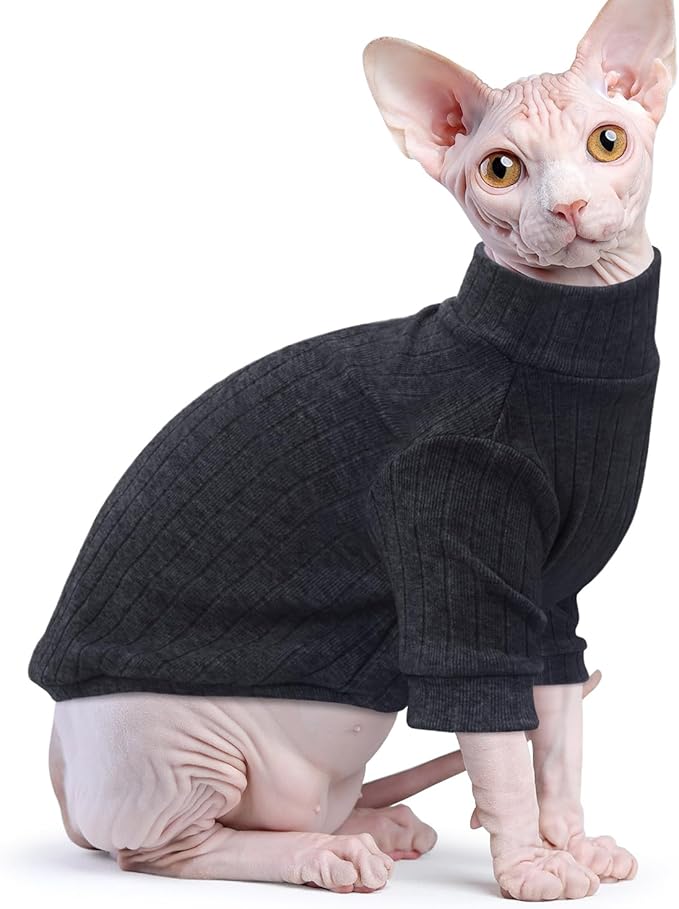 Idepet Sphynx Hairless Cats Sweater Shirt Kitten Soft Puppy Clothes Pullover Cute Cat Pajamas Jumpsuit Cotton Apparel Pet Winter Turtleneck for Cats and Teacup Chihuahua Small Dogs(Black,XXL)