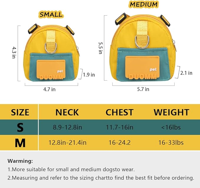 Dog Backpack Harness with Leash,Cute Pet Puppy Backpacks Bulid-in Dog Poop Bag Dispenser,Adjustable Pets Self Carrier Bag for Small Medium Dogs Travel Hiking Daily Walking(M, Yellow)