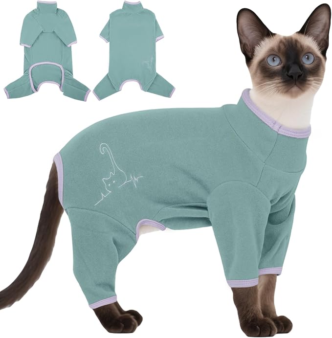 DENTRUN Cat Clothes for Hair Control with Hair Sticky Fabric - Soft Recovery Suit & Breathable Lint-Resistant Cat Sweater for Cats Only, Kitten Onesie Pajamas, XS, Bean Green
