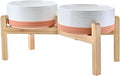 SPUNKYJUNKY Elevated Dog Bowls Ceramic, 7.3'' Dogs Food Water Bowls Raised with Non-Slip Bamboo Stand for Medium to Large Sized Breed Microwave Dishwasher Safe - 42 OZ,Pattern White
