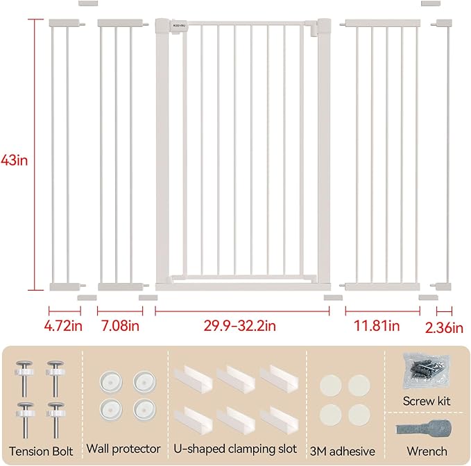 43 inch Tall Safety Dog Gate Adjustable 29.7-57 inch Extra-Wide Metal Pet Gate Drill-Free Pressure-Mount Installation kit Self-Closing Cat Gate for Stairwells、Doorways（White）