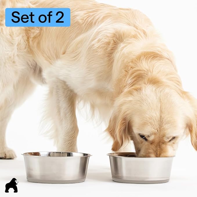 GORILLA GRIP Dog Bowls, Holds 4 Cups Each (32 fl oz), Heavy Duty Stainless Steel Food and Water Bowl for Feeding Dogs and Cats, Dishwasher Safe, Rust Resistant, BPA Free Rubber Base, Set of 2 Beige