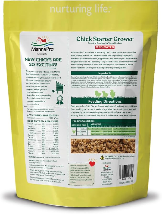 Manna Pro Medicated Chick Starter Grower Feed – High Protein Crumbles with Amprolium for Coccidiosis Prevention – Complete Chicken Feed for Baby Chicks and Pullets – for Healthy Growth – 5 lb Bag